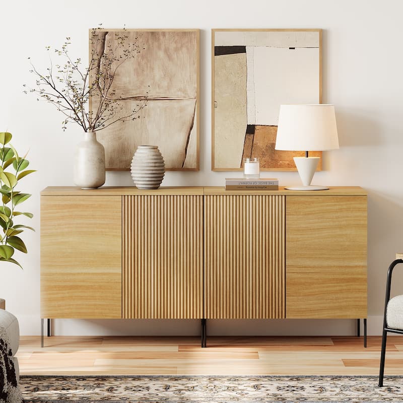 31.5" Wooden Reeded Sideboard With 2 Doors, Modern Credenza Storage Cabinet