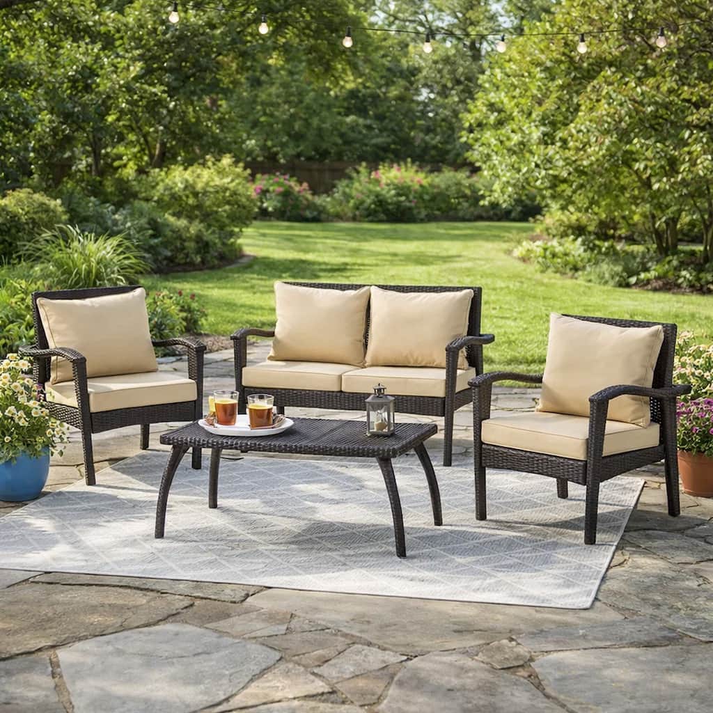 Honi 4pc Outdoor Table Set, 2 Accent Chairs 1 Loveseat, Brown Rattan, Iron