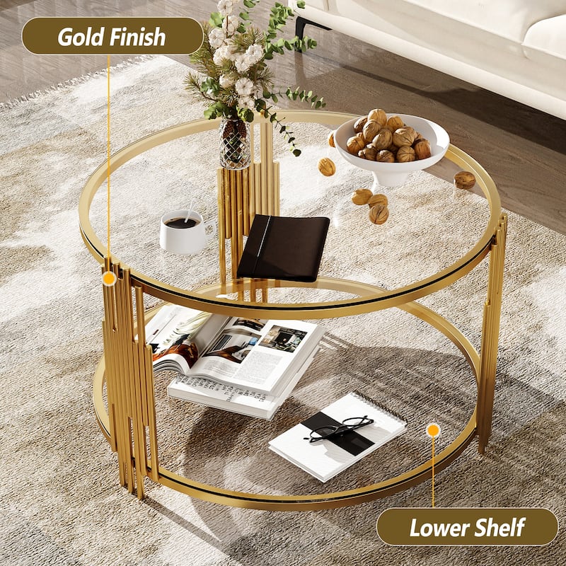 Modern Glass Coffee Table in 31.5", Asymmetrical Metal, Circular Metal Drum Base, Gold Finish & Lower Shelf