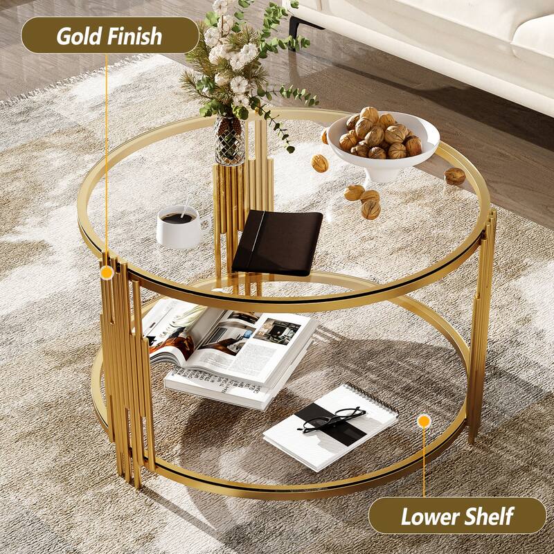 Roomfitters Modern Round Coffee Table, Glass Top with Gold Metal Frame and Lower Shelf, Elegant Living Room Accent Table