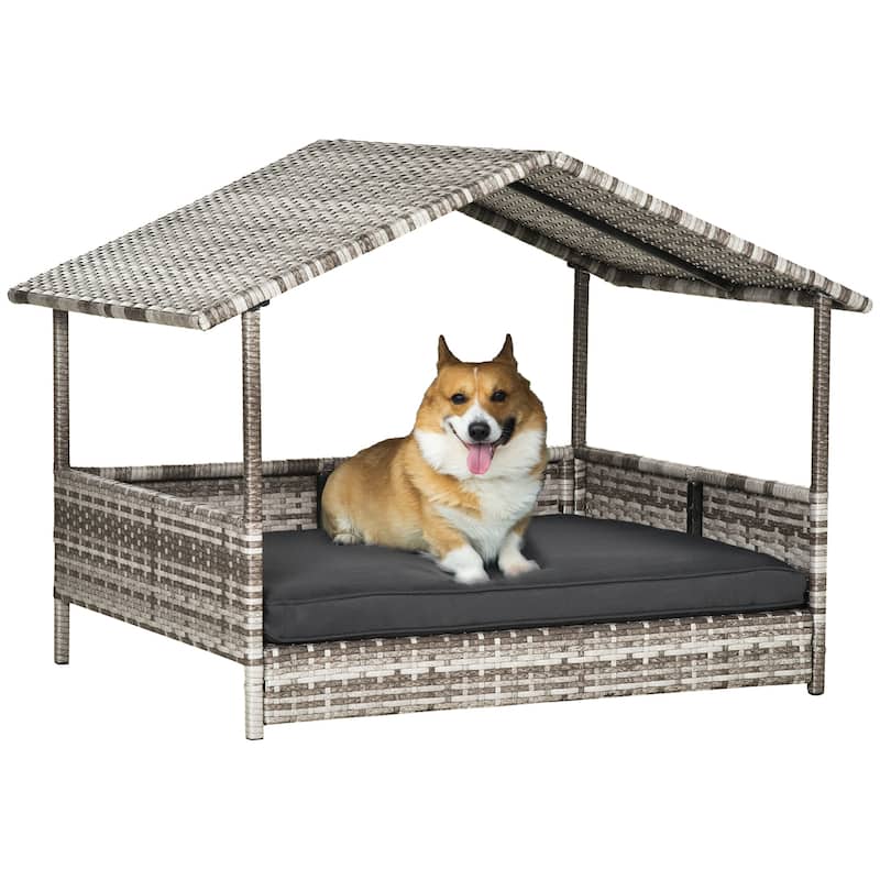 Wicker Dog House Outdoor with Canopy, Rattan Dog Bed with Water-resistant Cushion, for Small and Medium Dogs - Gray+Brown