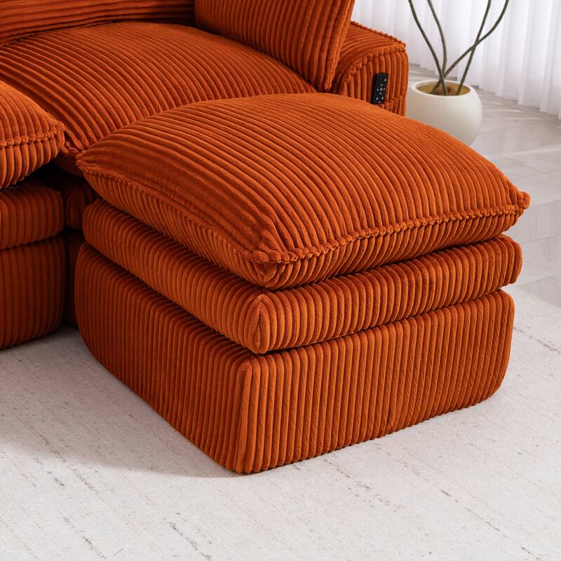 L Shaped Sectional Sofa Corduroy Upholstered Boneless Couches with Movable Footstool, With Three Pillows and Two Lumbar Pillows