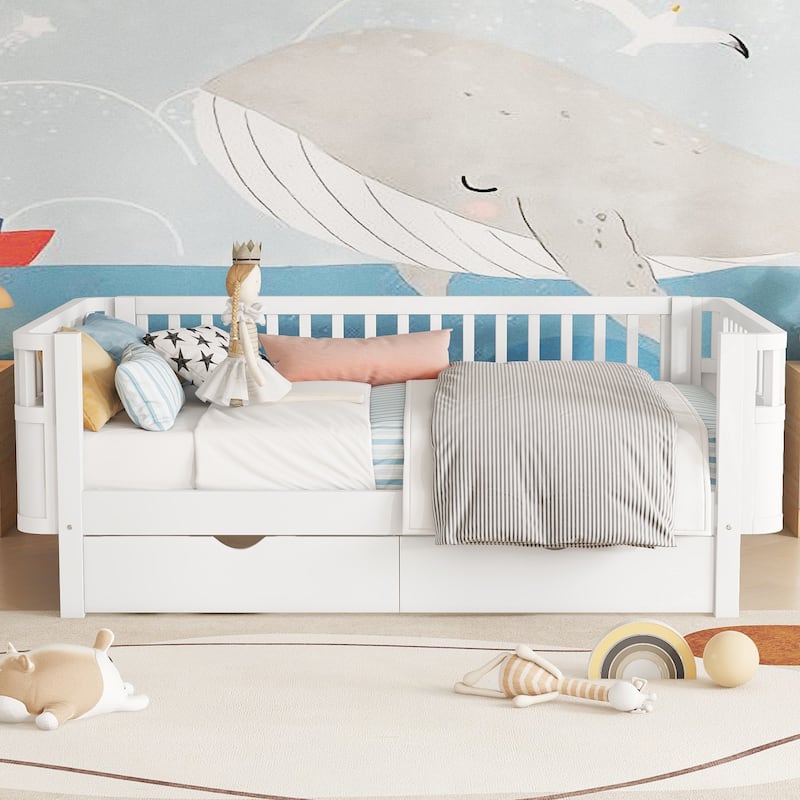 Wooden Kids Bed with 2 Storage Drawers, Guardrails and Removable Side Rail, Rounded Corners Frame Montessori Bed, Toddler Bed