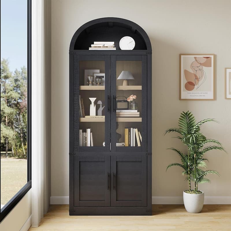 Arched 6-Shelf Bookcase, Display Cabinet with Glass Doors - N/A