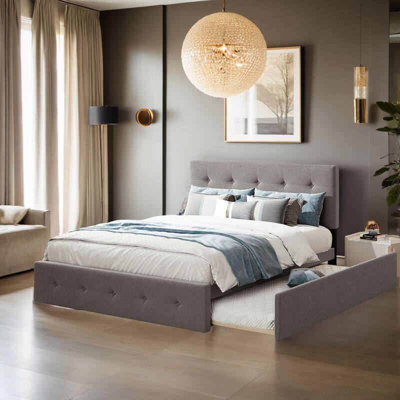 Queen Size Bed with 2 Storage Drawers and a Twin XL Trundle, Upholstered Platform Queen Bed Frame with Tufted Headboard - Light Gray