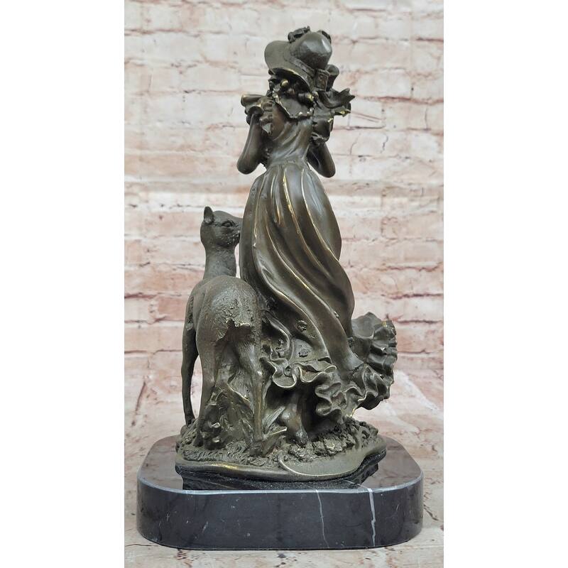 Bronze Girl Playing Flute With Deer On Marble Base By Aldo Vitaleh