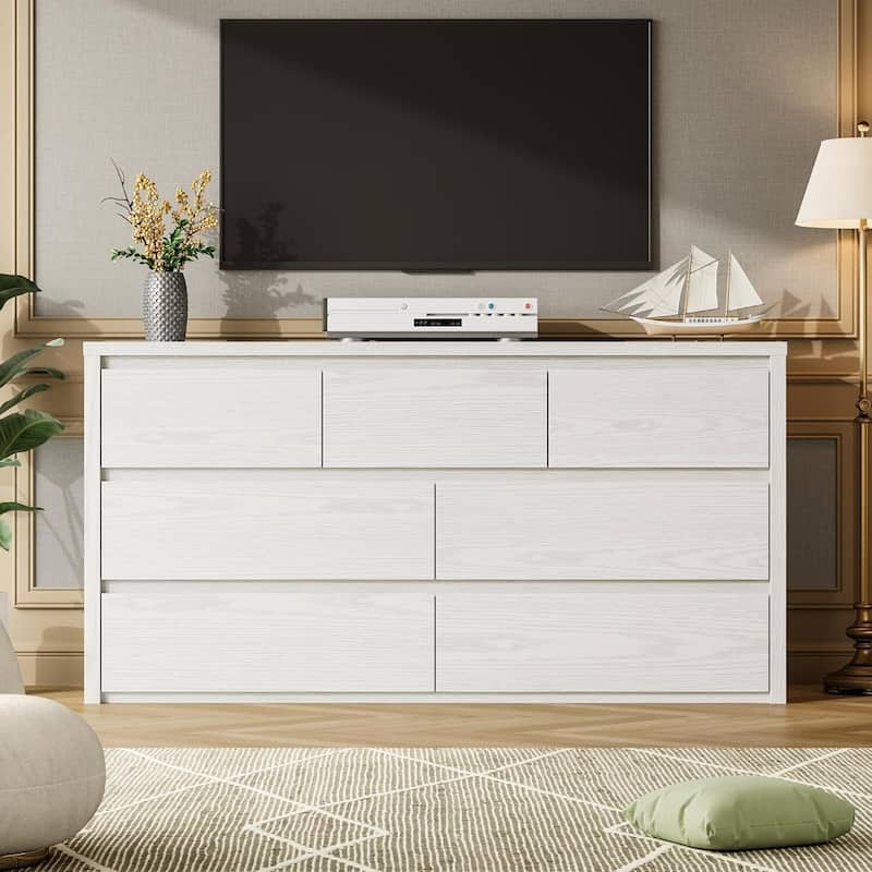 Modern Wide 7 Drawer Dresser Storage Cabinet for Living Room, Hallway Entryway - White