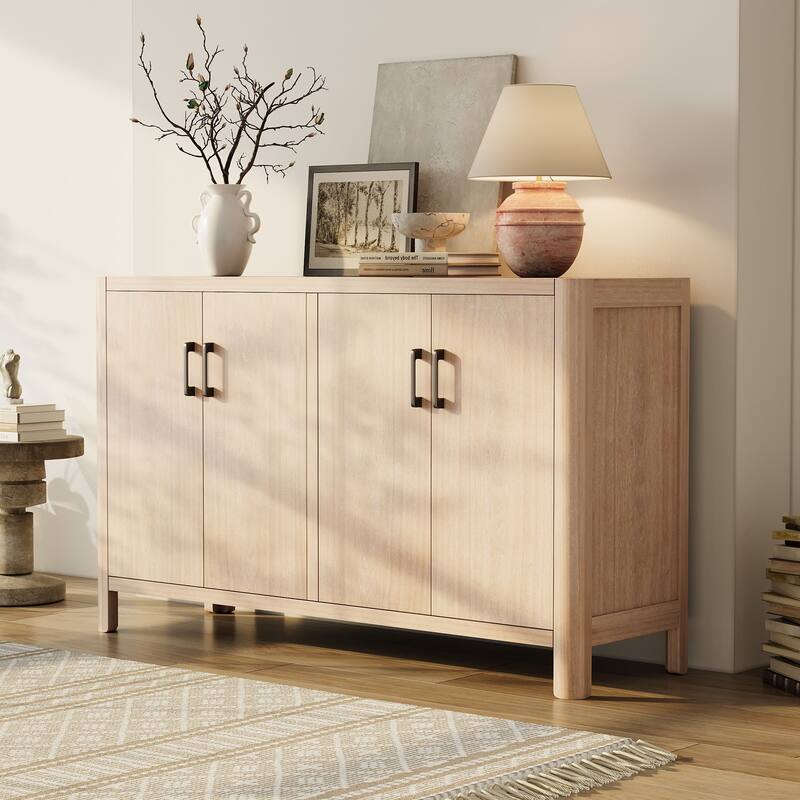 Farmhouse Style 4-Door Cabinet with Natural Finish for Rustic Entryways and Small Spaces