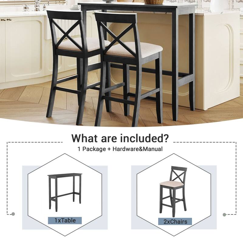 48" Rectangular Wood Bar Height Dining Set with 2 Chairs