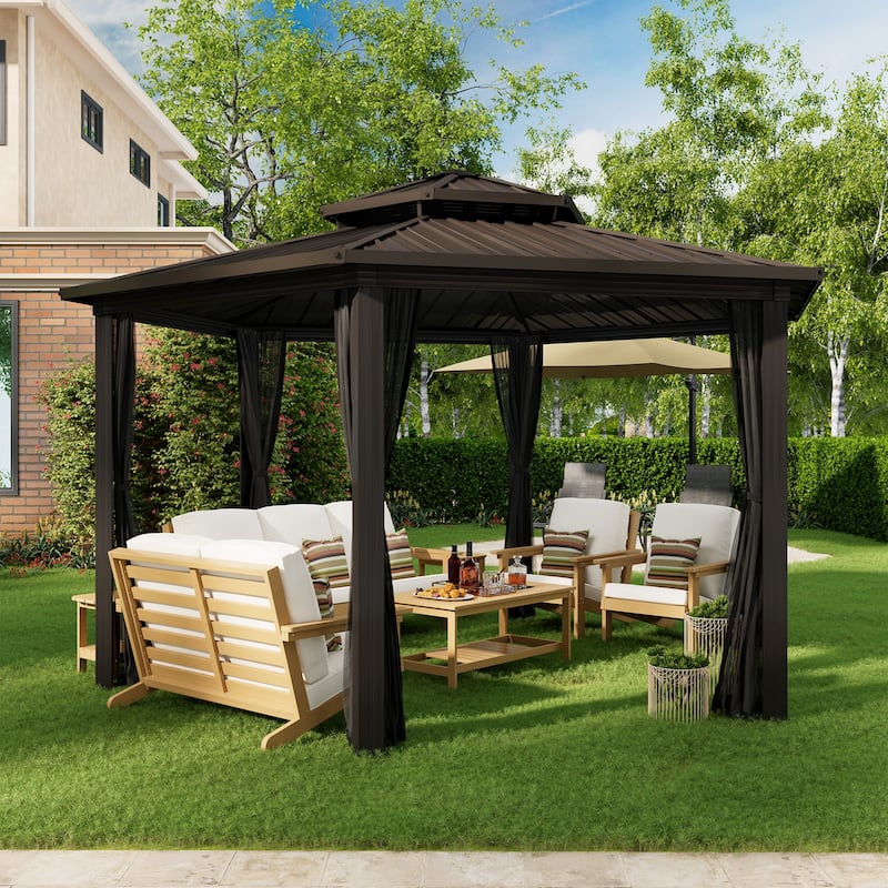 12'×15' Outdoor Aluminum Frame Gazebo Pergola with Mesh Curtains