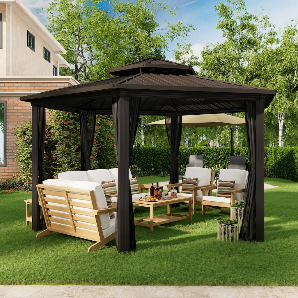 12'×15' Outdoor Aluminum Frame Gazebo Pergola with Mesh Curtains
