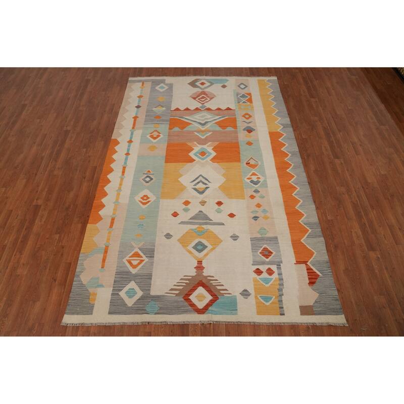 Hand Woven Oriental 100% Wool Carpet Southwestern Tribal Multi-Colored Kilim Area Rug - 9' 9'' X 6' 4''