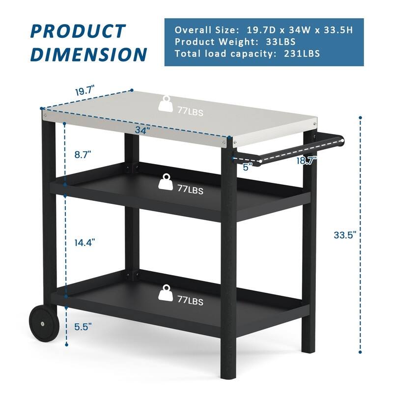 TORVA HDOE Hard Tabletop Cart Outdoor Portable Prep Grill Cart for Pizza Oven, 3-Tier BBQ Cart - N/A