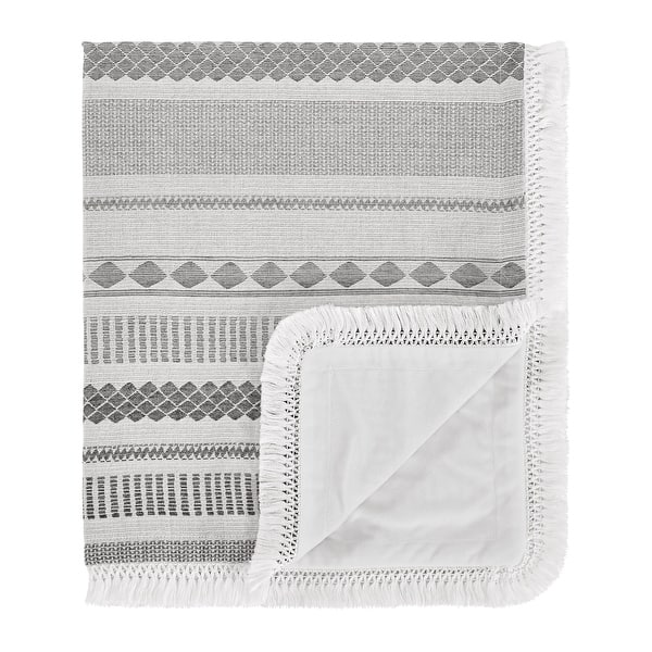 slide 2 of 6, Grey Boho Tribal Bohemian Boy Girl Unisex Baby Receiving Security Swaddle Blanket Jacquard Aztec Gender Neutral Modern Geometric Baby Boy/Baby Girl - Grey Off White and Ivory