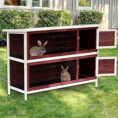 Two-Tier Hutch with Playpen, Slide-Out Trays and Roof Cover - 53.75" L x 19.75" W x 36.75" H