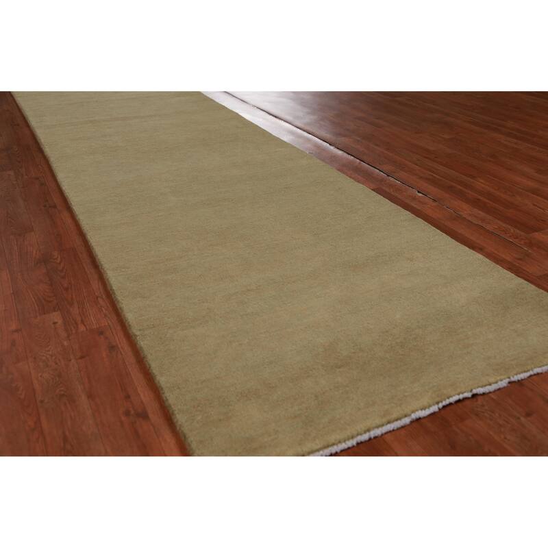 Hand Knotted Oriental 100% Wool Carpet Modern Solid Green Gabbeh Runner Rug - 10' 1'' X 3' 0''