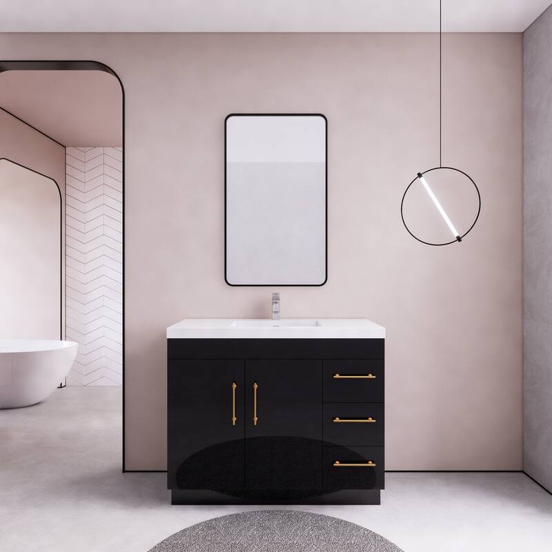 Eliza 42'' Freestanding Vanity (Right Drawers) with Single Sink - 42'' Width With Right Drawers - High Gloss Black