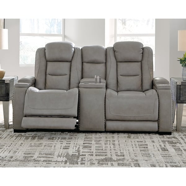 slide 2 of 3, Signature Design by Ashley Man-Den Leather Power Dual Adjustable Reclining Loveseat