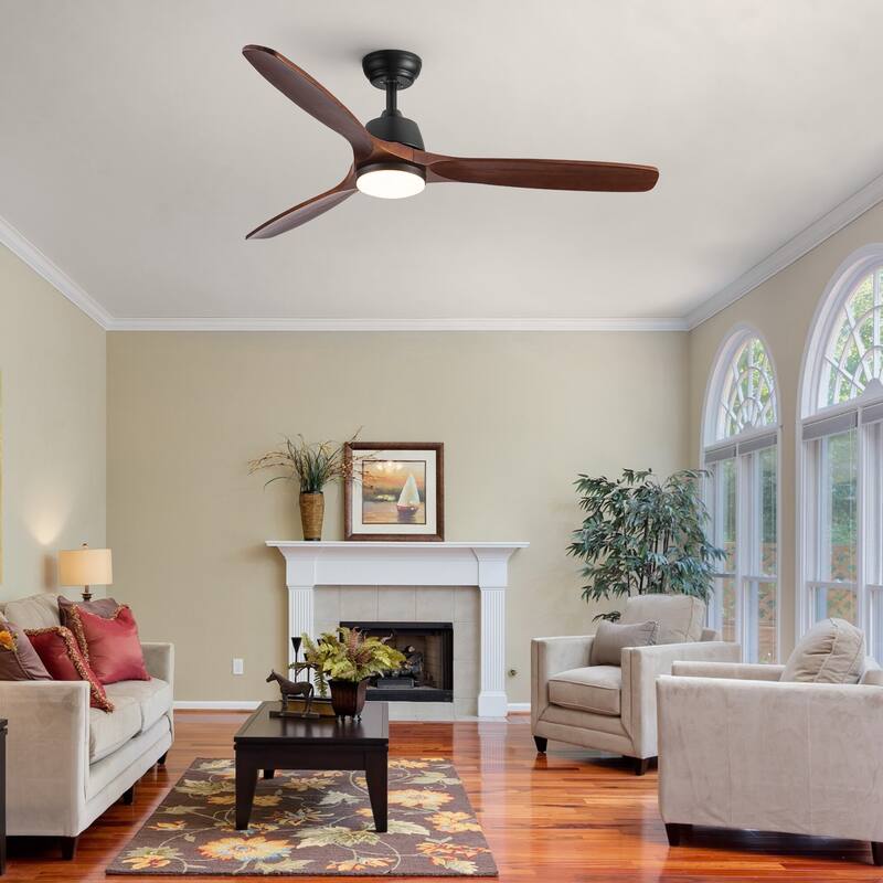 YUHAO 52 in. Indoor Matte Black Solid Wood Ceiling Fan with Integrated LED and Remote Control