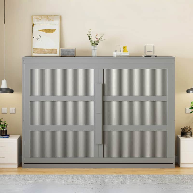 Gray Queen Murphy Bed with LED Lighting, Modern Wall Bed, No Box Spring Needed
