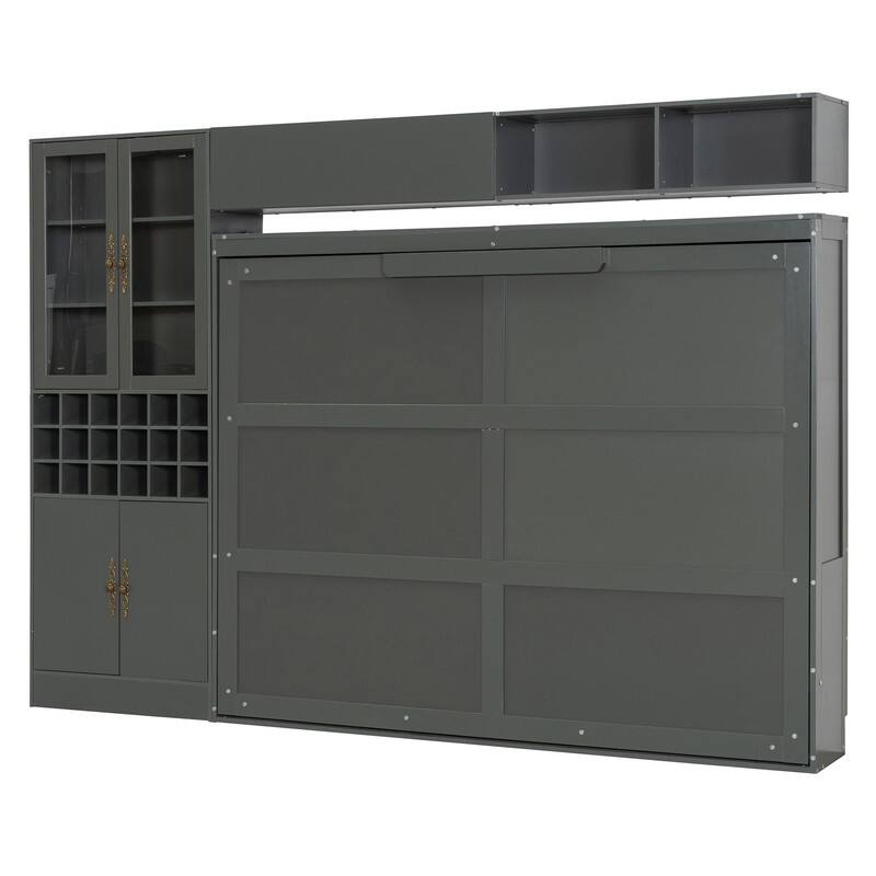 Full/Queen Size Murphy Bed Wall Bed with Sofa, Light and USB Charging, Foldable Murphy Cabinet Bed w/ Storage Shelves & Cabinets