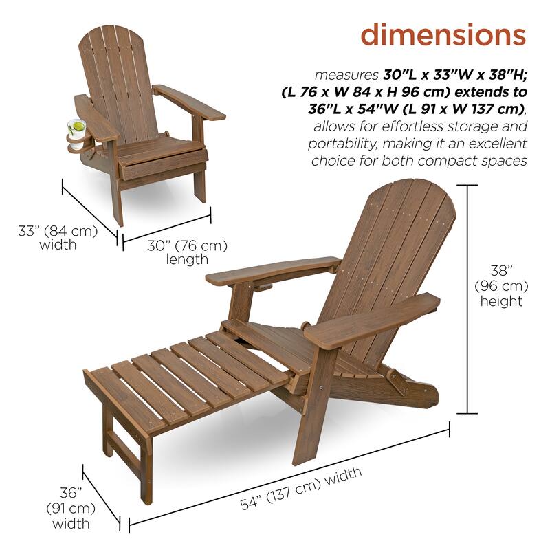 Dk. Teak Folding Adirondack Chair w/Cup Holder and Ottoman