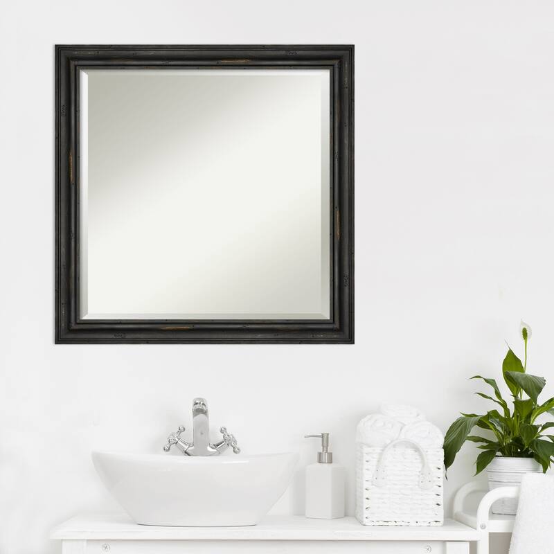 Beveled Wood Bathroom Wall Mirror - Rustic Pine Black Narrow Frame