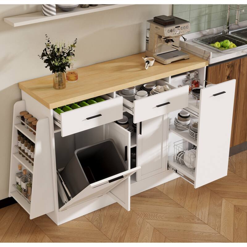 Kitchen Island, Multi-Functional Kitchen Sideboard - Storage Cabinet with Trash Can Holder, Sliding Door & 3-Tier Spice Rack