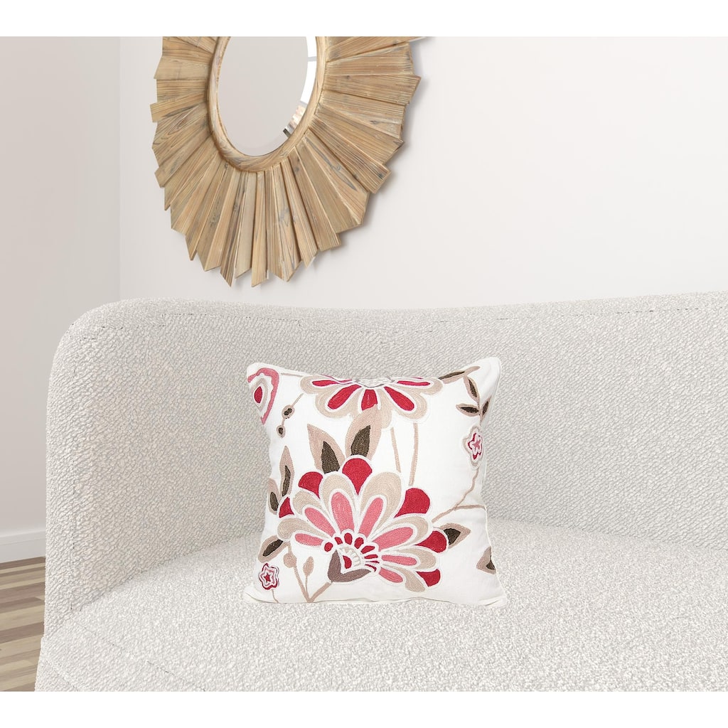 HomeRoots 18"x18" Rose and White 100% Cotton Floral Zippered Pillow