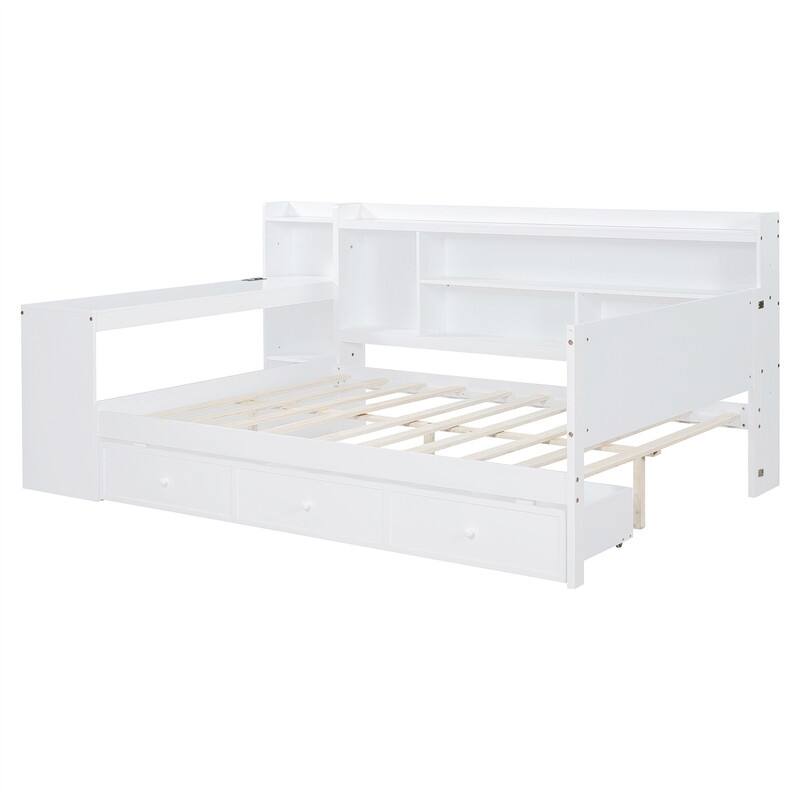 Twin/Full Daybed with 3 Storage Drawers and Bedside Desk, Wooden Day Bedframe Sofa Bed with Storage Shelves and USB Ports