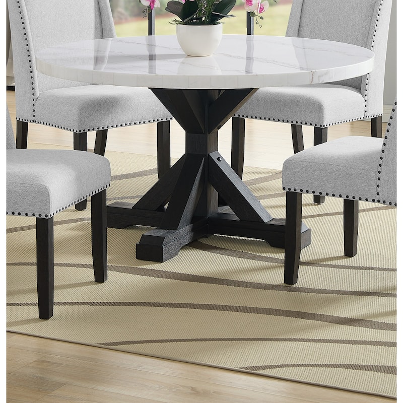 1pc Transitional Modern Formal Dining Table White Round Genuine Marble Table Top Black Finish Legs Wooden Dining Room Fu