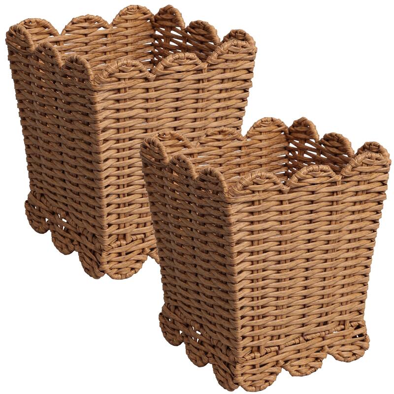 Silas Farmhouse Resin 3.3-Gallon Tapered Square Wicker Watebasket with Scalloped Edge (Set of 2) - Natural