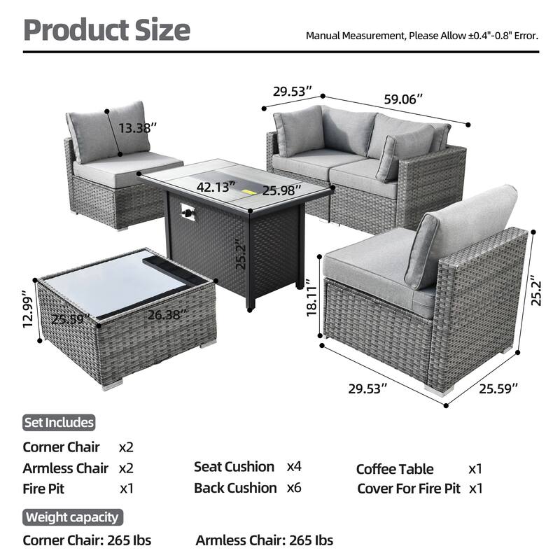 XIZZI 6-piece Patio Furniture Set Outdoor Sectional Rattan Sofa with Firepit