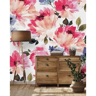 Pink Flowers on White Background Wallpaper - Bed Bath & Beyond - 34988412