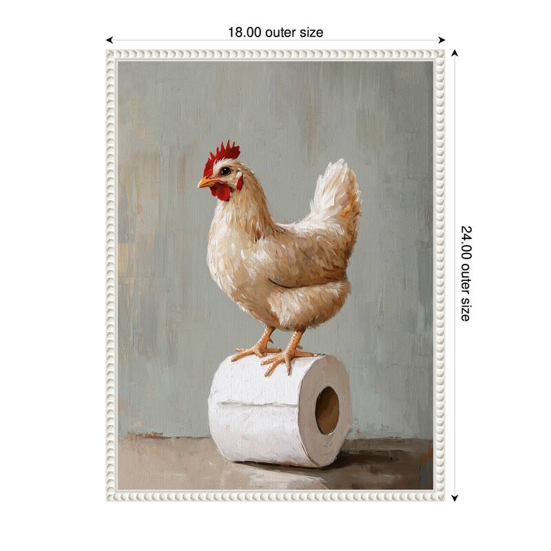 Kate and Laurel Sylvie Chicken Standing with Toilet Paper Rolls Bathroom Art Framed Canvas by The Creative Bunch Studio
