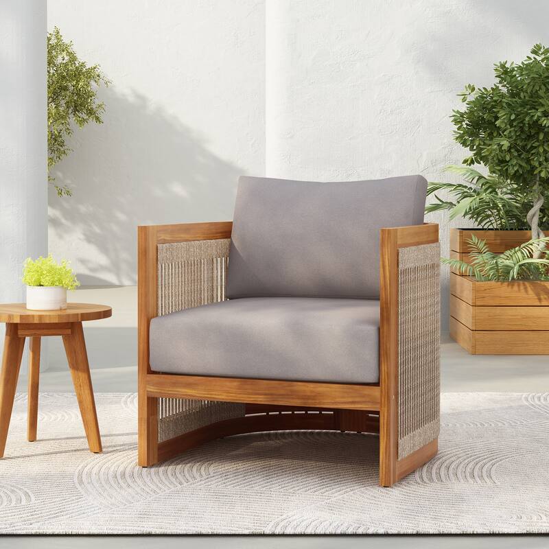 Luxury Acacia Wood Patio Chair – Curved Tub Design with Woven Rope Detailing & Weatherproof Cushions‌ - Gray,Teak