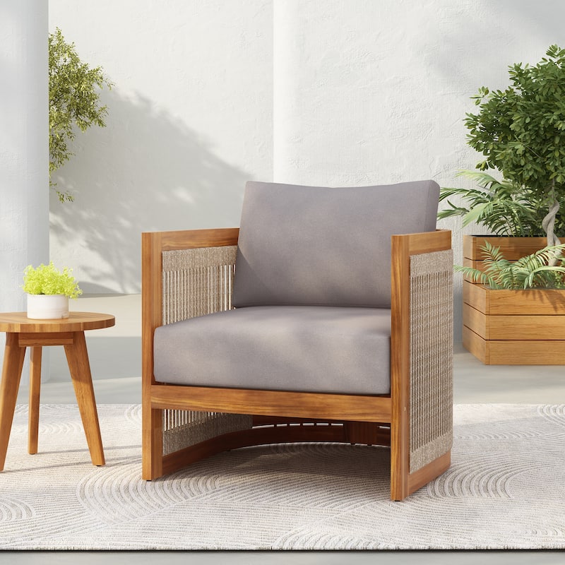 Premium Acacia Wood Outdoor Club Chair, Curved Tub Design with Woven Rope Accents, Water-Resistant Cushions