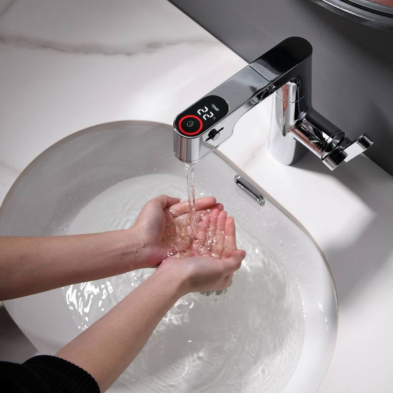 Single Handle Pull-Out Digital Display White Bathroom Faucet