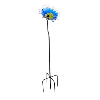 43IN Tall Blue Fiore Bloom Art Glass Garden Stake
