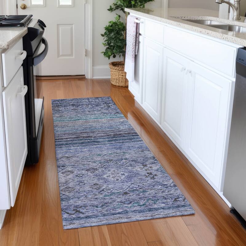 Machine Washable Indoor/ Outdoor Boho Moroccan Chantille Rug - Blue - 2'3" x 7'6"
