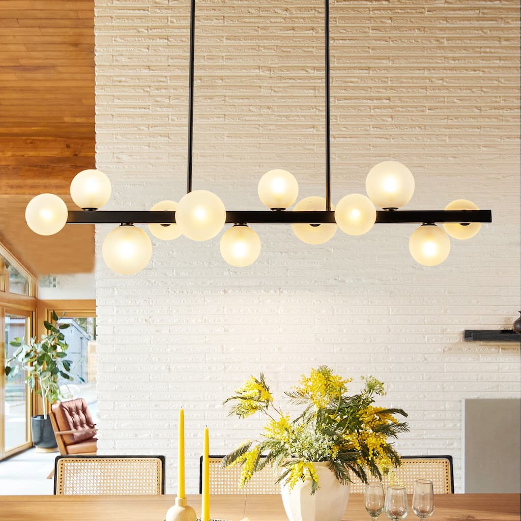12-Light Modern Linear Cluster Chandelier with Frosted Glass Globes, Mid-Century Modern Pendant Light