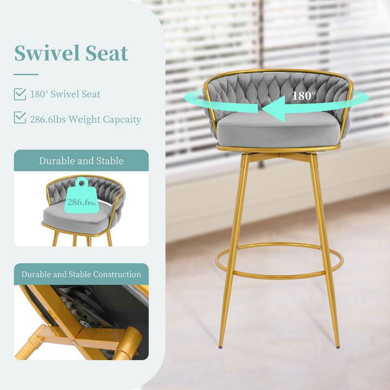 Modern Set of 2 Bar Stools with Velvet Padded Woven Backrest, Swivel Function, Metal Legs for Bar Counter Dining Room Café