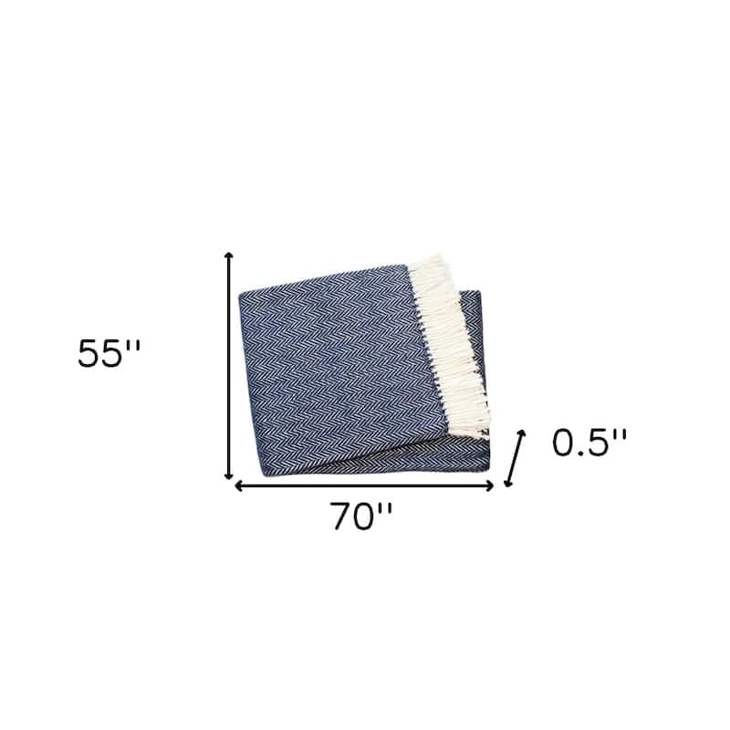 HomeRoots " X 55" Navy Blue And White Cotton Blend Woven Herringbone Plush Throw Blanket with Tassels