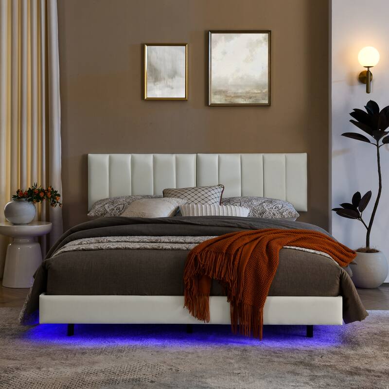 Queen Floating Bed Frame with LED Lights and Wall Mounted Headboard Low Profile Led Platform Bed Frame,No Box Spring Needed