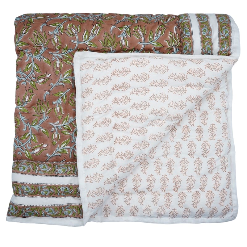 Fabdivine Artisan Handmade 100% Cotton Quilt - Brown Green Floral Block Print, Reversible Bohemian Bedding for Home - 68" X 86" - Brown, Green