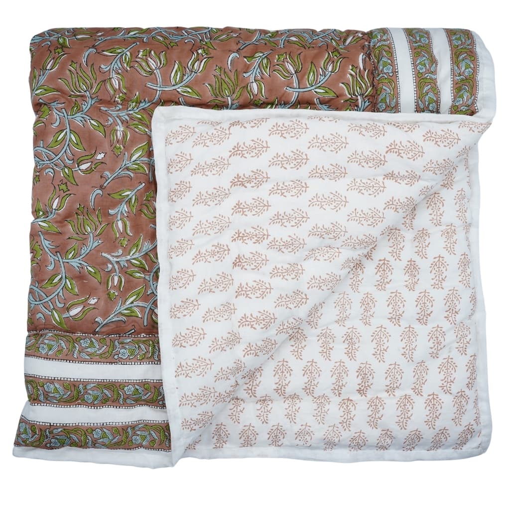 Fabdivine Artisan Handmade 100% Cotton Quilt - Brown Green Floral Block Print, Reversible Bohemian Bedding for Home