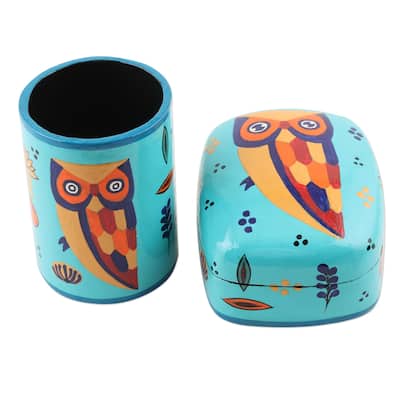 Novica Handmade Owl Story In Teal Papier Mache Pen Holder