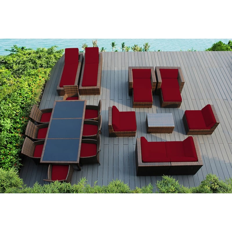 Ohana Outdoor Patio 20 Piece Mixed Brown Wicker Sofa and Dining Set - Sunbrella Jockey Red