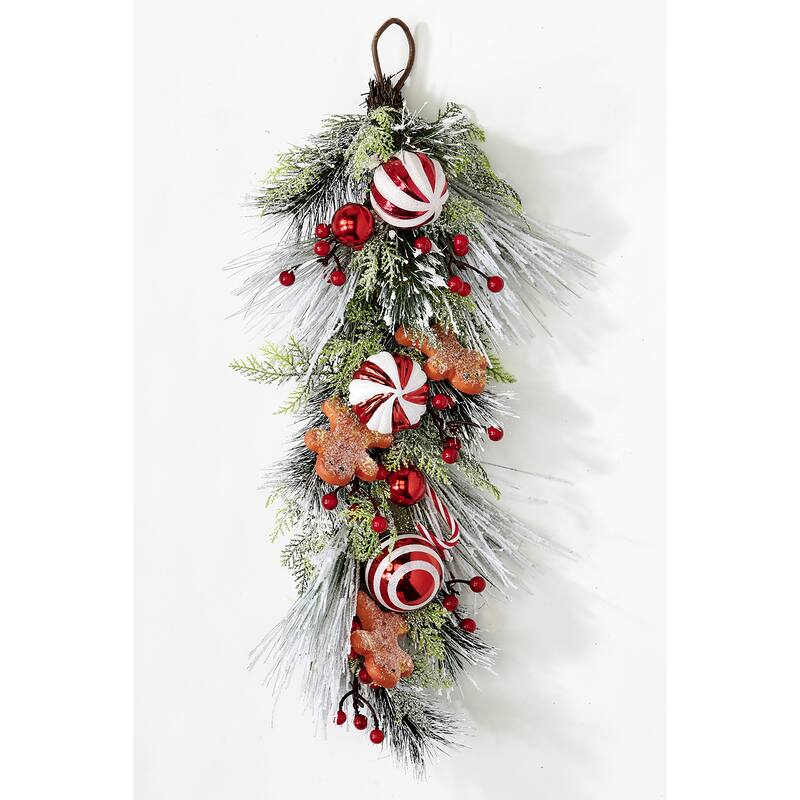28" Snowy Christmas Artificial Pine Berry Ball Floral Teardrop With Gingerbread Men - 28