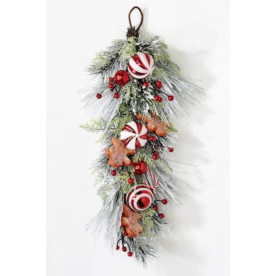 28" Snowy Christmas Artificial Pine Berry Ball Floral Teardrop With Gingerbread Men - 28
